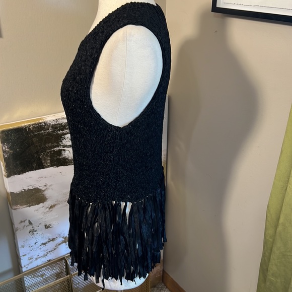 A.L.C. Black Bette Fringed Stretch Crochet-knit Tank Top/Cami - Picture 8 of 11